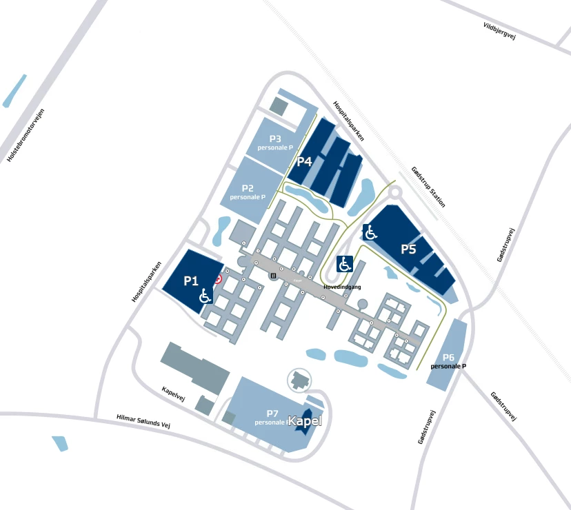 Oversigtskort over parkeringsområder ved Regionshospitalet Gødstrup.