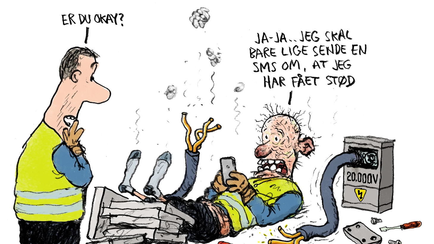 Humoristisk illustration, der viser mand, der har fået stød og skal sende en sms.
