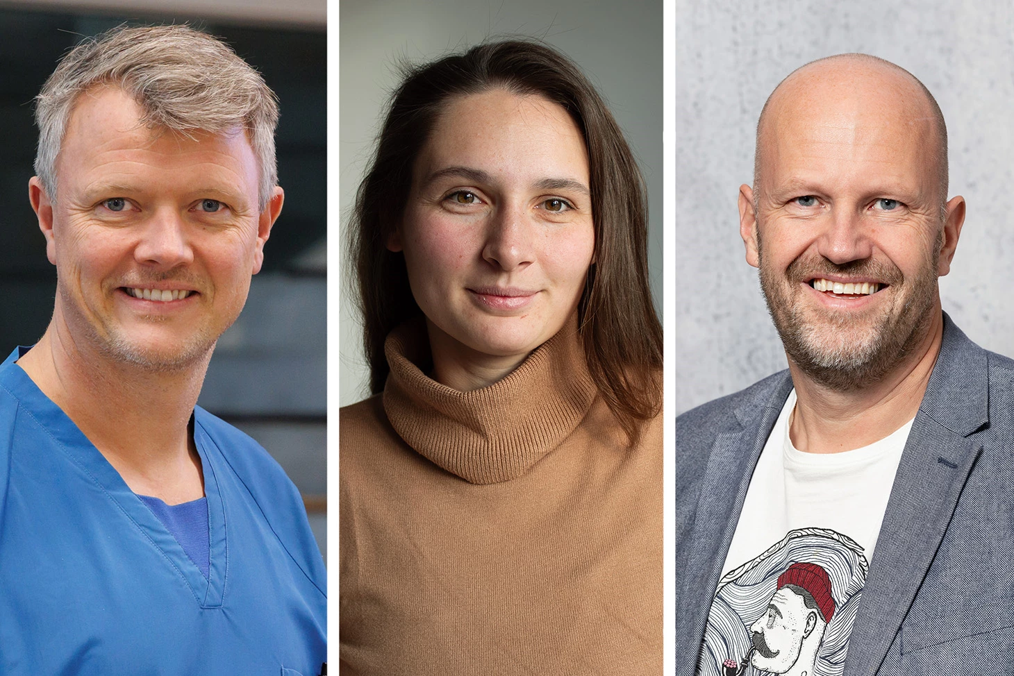 Mand i blåt tøj, kvinde i brun trøje, mand i grå blazer og hvid t-shirt